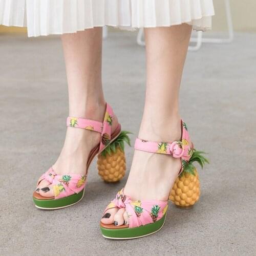 High Heels Sandals Women Beach Style Pineapple Print Platform Wedge Shoes Fish Toe Pumps Mujer Genuine Leather Shoes Drop Ship