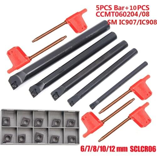 5pcs Lathe holder Turning Tool Boring Bar SCLCR06 6 7 8 10 12mm +10pcs CCMT060204 CCMT060208 inserts cnc lathe turning tool set