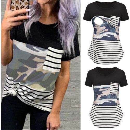 Women Maternity Tops Short Sleeve Striped Camouflage Print Nursing Top T-shirt for Breastfeeding Pregnant Tee Maternity Clothes