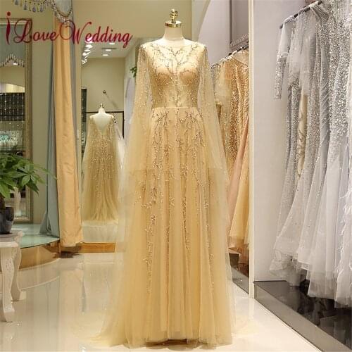New Arrival Formal Champagne Evening Dress Custom made Long Sleeves Floor Length Luxurious Evening Dresses Long
