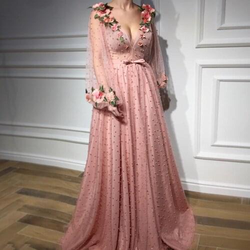 Vintage V Neck Long Puffy Sleeves Prom Dresses Beading Tulle A Line Floor Length Evening Party Dress With Handmade Flowers 2021