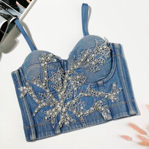 Women Denim Luxury Beading Camisole Gathered Bustier Bra Backless Sexy Super Short Tops Street Fashion Hot Girl Tank Tops Y1341