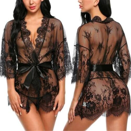 Women Boudoir Nightgown Sheer Floral Lace Trim Up Robe Dress Sexy Lingerie Nightdress
