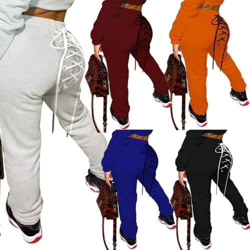 Hip Hop Back Lace Up Sportswear Workout Pants Women Mid Waist Solid Color Cargo Fit Sweatpant Trouser Autumn Running Joggers
