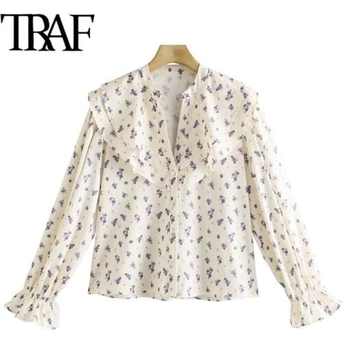 TRAF Women Sweet Fashion Floral Print Ruffled Blouses Vintage Long Sleeve Button-up Female Shirts Blusas Chic Tops