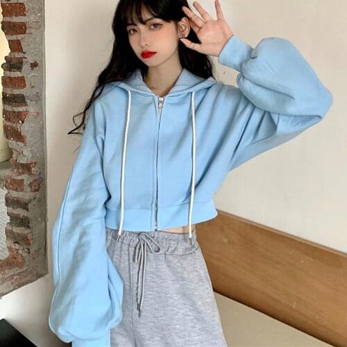 Harajuku Zip Up Cropped Hoodies Women 2021 Autumn Sweatshirts Female Loose Oversized Hooded Hoodie Sudaderas Mujer