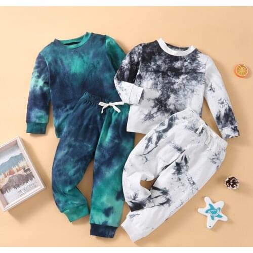 Spring Fall 2 Pcs Toddler Tie-dye Outfits Boys Long Sleeve Round Neck Sweater + Elastic Waist Tie Trousers White/Green