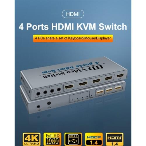 4-Port HDMI USB KVM 4K Switch Splitter For Shared Monitor Keyboard And Mouse Adaptive EDID / HDCP Printer Plug And Play