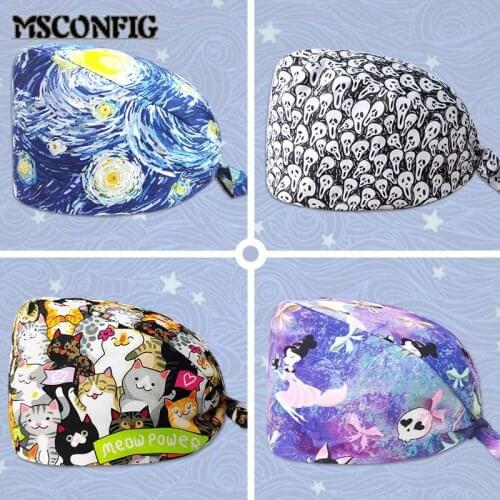Multicolor Printed Cotton Breathable Beauty Salon Pet Salon Scrub Cap Dentist Clinic Surgery Cap Nurse Cap Unisex Nursing Cap