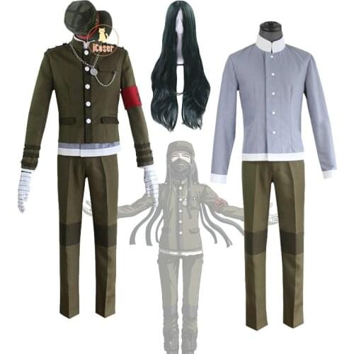 8 PCS Danganronpa V3 Korekiyo Shinguji Cosplay Costume Dark Green Military-style Uniform Long Ocean Green Wig Dangan Ronpa Suit