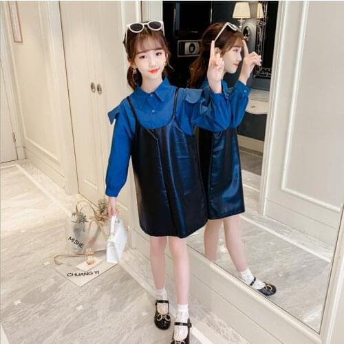 Girl Pu leather dress summer new long sleeve shirt + sling 2 pcs sets kids dress children clothing teenage dress wz115