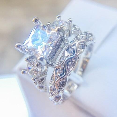 Fashion Women Wedding 925 sterling silver Jewelry Simple Design Double Stackable Bridal Ring Set Cubic Zirconia Accessory