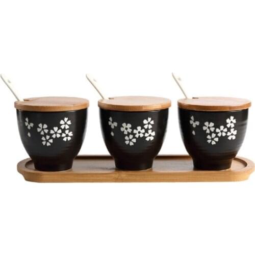 New Creative Ceramic Seasoning Jar Three-Piece Spice Jar Bamboo-Wood Lid Seasoning Box Kitchen Supplies