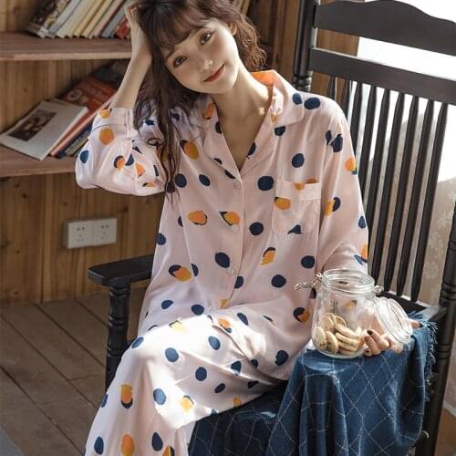 Long Sleeve Cotton Printed Pajamas for Women Summer Thin Home Clothes 2 Piece Set Sleepwear Plus Size Loose Female Homewear Suit