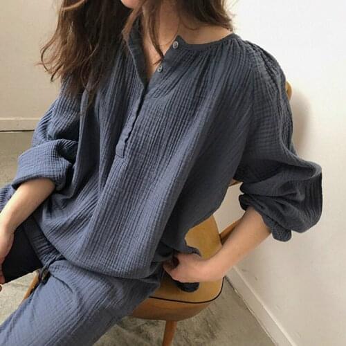 Spring Autumn Breathable Women Red Blue Pajamas Set Long Sleeve Sleepwear Contton Linen Loose Sweet Drawstring Pants Sets