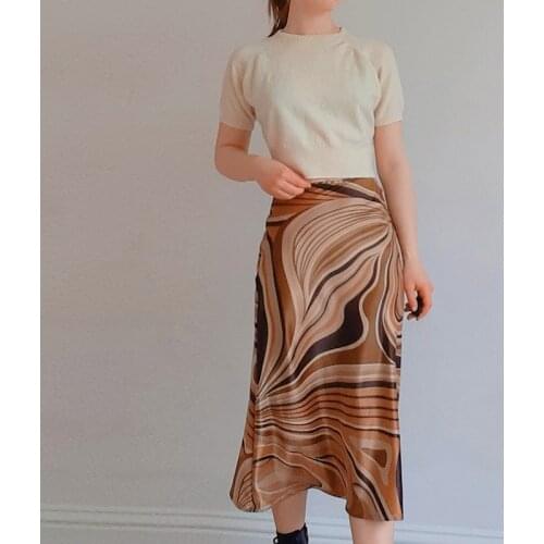 Summer Women Casual Long Skirt y2k Style Brown Stripe Printed Pattern High Waist Fishtail Skirt S M L