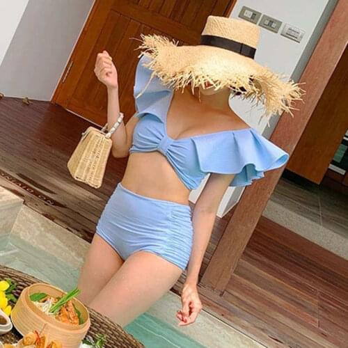 2021 New Style Pleated Butterfly Flying Sleeves Low-Cut Solid Color Halter Strap Sexy High-Waist Holiday Swimsuit Female Bikini