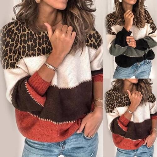 Women Autumn Winter Long Sleeve Leopard Patchwork Knitted Sweater Warm Jumper Cotton Blends Sweater Fashion Patchwork Sweater Wo