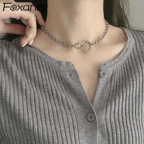 Foxanry 925 Sterling Silver Couples Necklace INS Trend Punk Rock Hip Hop Vintage Simple Double Circle Choker Party Jewelry Gifts