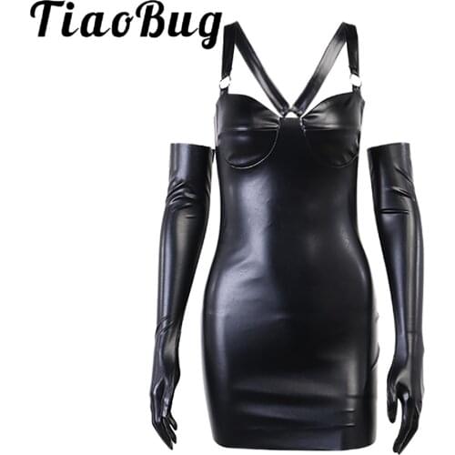 Womens Sexy Dress Set PU Leather O-ring Bodycon Night Dress with Long Gloves Erotic Clubwear For Rock Concert Club Festival