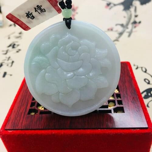 Zheru pure natural Jadeite carved light green two-color peony flower pendant with green bead chain sweater chain