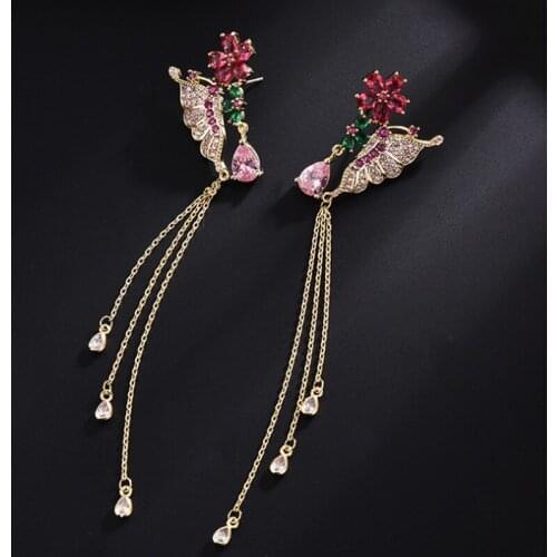 Zlxgirl brand bridal jewelry womens long colorful butterfly shape copper wedding earring jewelry womens pave zircon earring