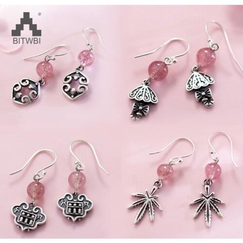 100% 925 Sterling Silver Sweet Strawberry Crystal Heart Butterfly Longevity Lock Dreamcatcher Thai Silver Earrings Women Jewelry