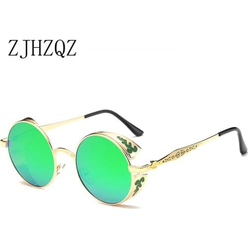 2021 Polarized Gothic Steampunk Sunglasses Coating Mirrored Round Circle Sun glasses Retro Vintage Gafas Masculino Green