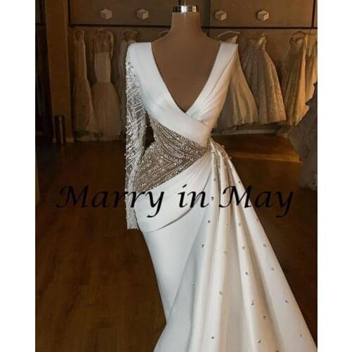 One Shoulder White Satin Mermaid African Women Evening Dresses Sparkly Beaded Sexy V Neck Sweep Train Formal Prom Party Gowns