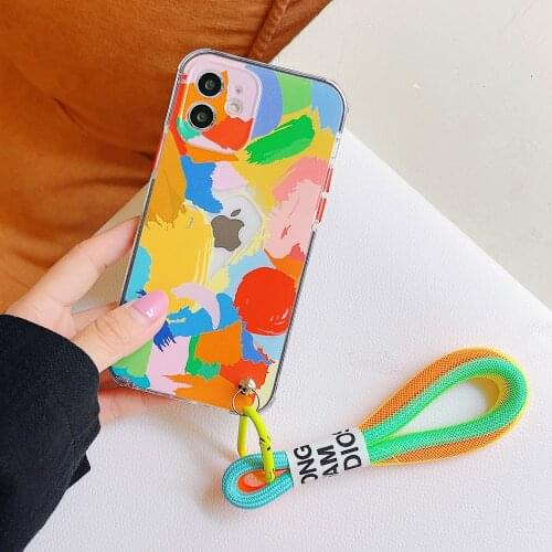 Abstract Graffiti Hand Strap Phone Case For iPhone 11 12 Pro Max 12 XS Max X XR 8 7 Plus Soft Silicone Colorful Rope Cover Coque