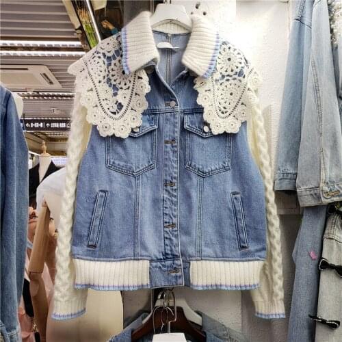 Fashion Removable Knit Lace Collar Jeans Jacket Patchwork Knitted Long Sleeve Denim Coat Autumn New Casual Female Chaqueta Mujer
