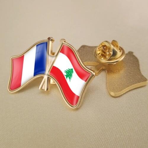 France and Lebanon Crossed Double Friendship Flags Lapel Pins Brooch Badges
