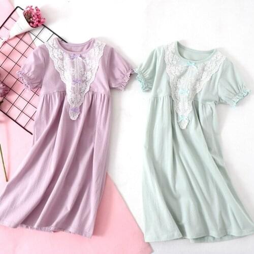 Short-sleeves Cotton Nightgowns Childrens Home Wear Nightdress Girl Pajamas Autumn Fall Summer Spring Sweet Nighties