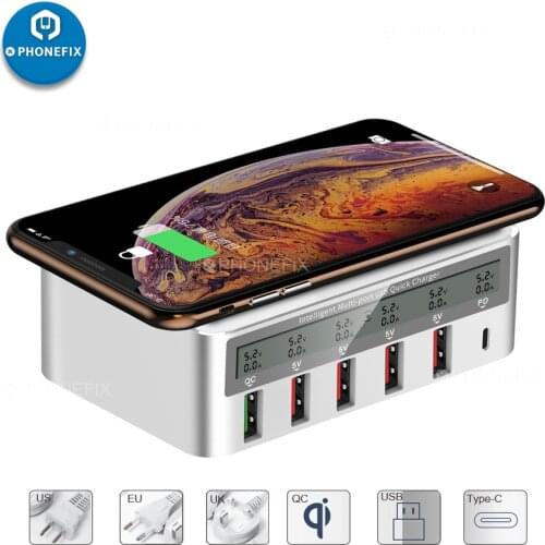 PHONEFIX Intelligent Multiport LCD Display USB Charger Station With Wireless Charging Pad For iPhone Samsung Huawei Xiaomi