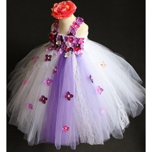 Beautiful Girl White Lace Dress Baby Flowers Long Tutu Dress Kids Crochet Tulle Tutus with Headband Children Wedding Party Dress