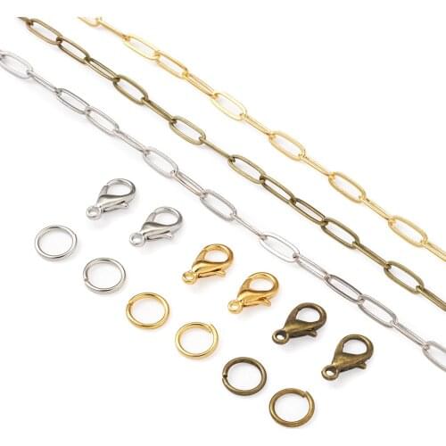 1Set Brass Paperclip Chains Oval Link Cable Chain with Open Jump Ring Lobster Claw Clasps For Necklace Choker DIY Jewelry Making