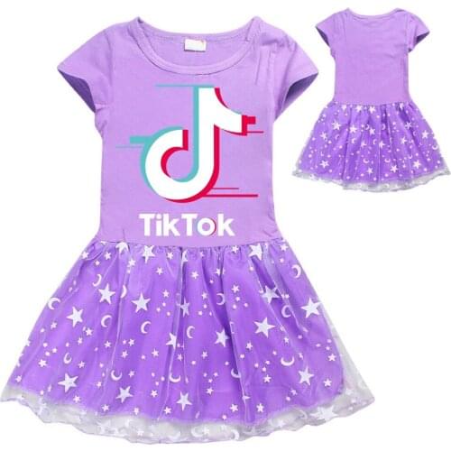 TIK TOK Baby Girl Cotton Summer Girl Short Sleeve Dress Cartoon Star Moon Girl Clothes 2-14 years