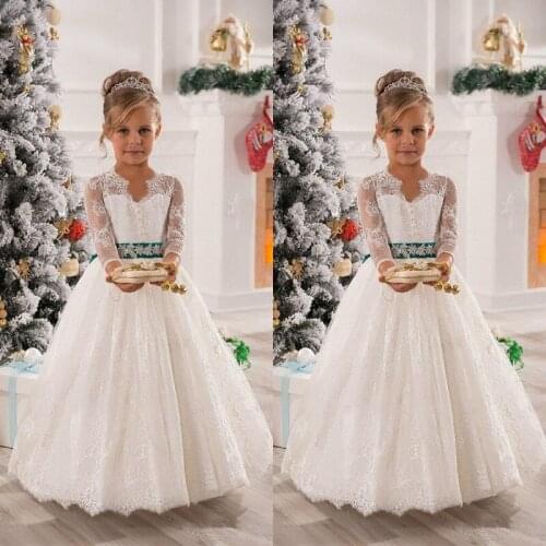 Cute Baby Girl Long Lace Princess Full Sleeves Flower Girl Dress Girls First Communication Dress 2021 with Sash