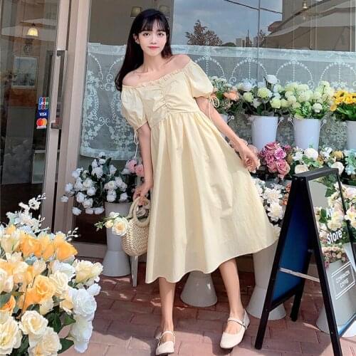 Korean-Style Sweet French Wooden Ear Square Collar Lace-up Puff Sleeve High Waist Slimming First Love Wind Dress Female Summer