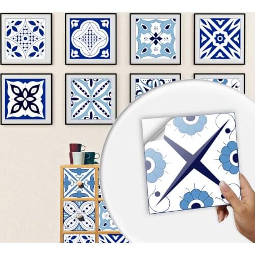 10pcs/Set Blue Mediterranean Style Hard Tiles Wall Sticker Kitchen Bathroom Table Art Mural Waterproof & Oil-proof PVC Wallpaper