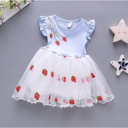 New Summer Casual Girls Dress Toddler Baby Girls Fly Sleeve Strawberry Embroider Tulle Princess Dress Party Princess Dress