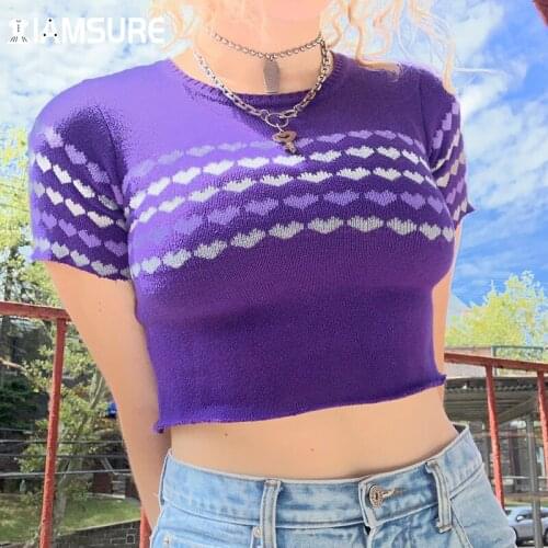 IAMSURE Slim Heart Shape Pattern Knitted Tshirt Vintage O-Neck Short Sleeve Crop Top 2021 Spring Autumn Casual Streetwear Korean