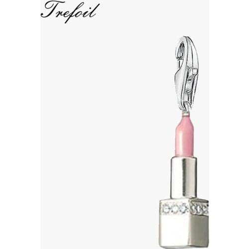 Pink Lipstick Charms Pendant,Fashion Jewelry 925 Sterling Silver Trendy Gift For Women Girls Fit Bracelet Necklace Bag 2019