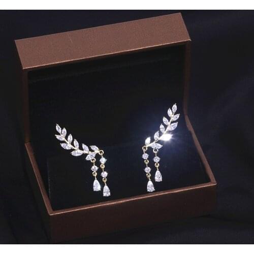 Romantic Bridal Wedding Accessories Jewelry Elegant Leaf Zircon Drop Dangle Earrings for Women Shiny Crystal Tassels Earrings