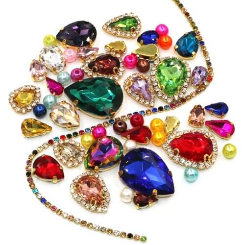 Wedding Decoration gold base Mixedcolor Mixsize Glass Crystal Stones Pearl Beads Cup Chain Rim Rhinestones Sew On Clothing/Dress