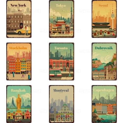 Tokyo Seoul Iron Plate Home Decoration City Building Metal Sign Modern Room Decor Country New York Tin Plaque Metal Poster