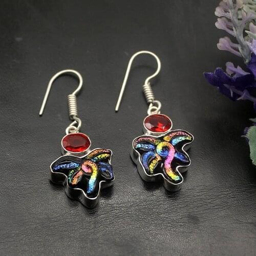 Hermosa Jewelry Perfect Dichroic Glass Red Garnet Silver Color For Women Ladies Hook Drop Dangle Earrings 1 5/8 Inch DH24