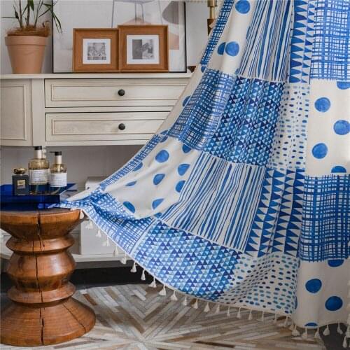 Cilected Bohemian Blue Geometric Stitching Printing Curtain Home Kitchen Hanging Curtain Room Bay Window Decor Cotton Curtain