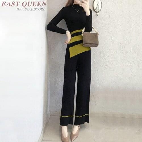 Top selling women two pieces pant suits full sleeve strips slim turtleneck pullover and wide leg pant loose bottoms AA3357 F
