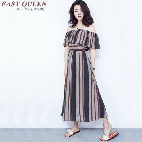 Women dress summer 2018 off the shoulder ruffle dress sleeveless striped ankle length kawaii dress free size NN0721 CQ
